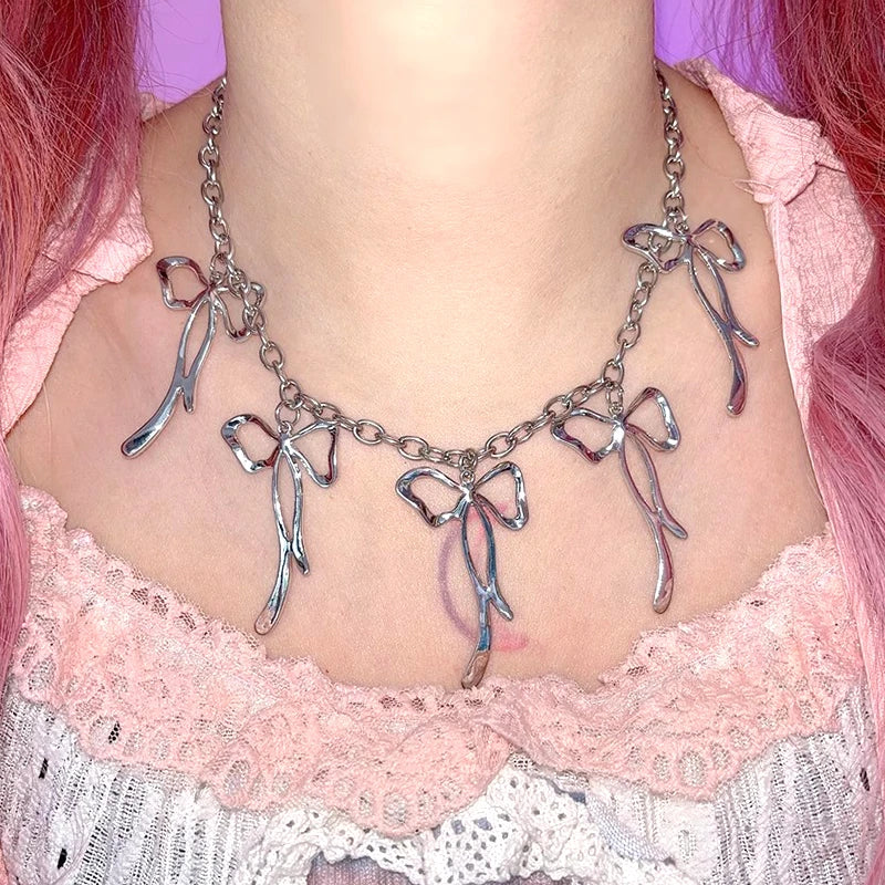 Adorable Bowknot Bling ✨ Pink Punk Choker Necklace for Trendy Girls! ✨