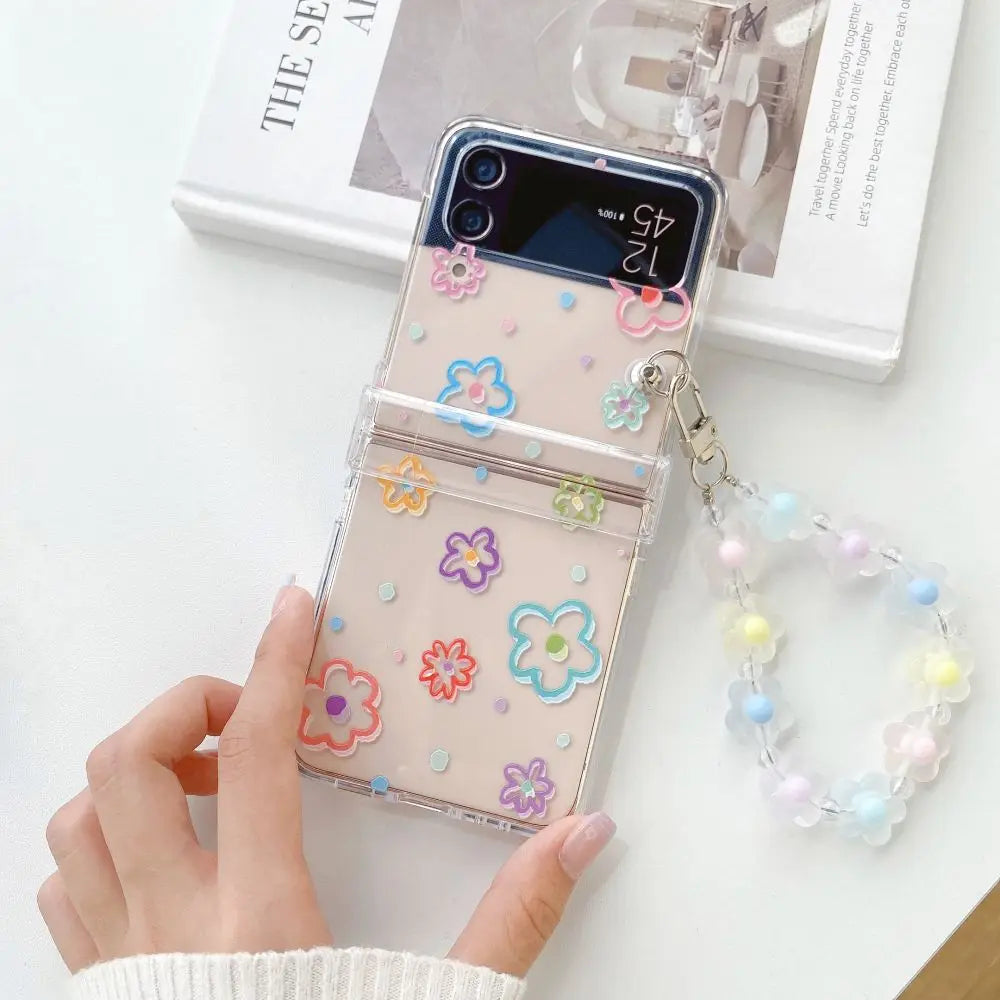 ✨Cute Floral Charm Case for Samsung Z Flip 6/5/4/3 - Adorable Transparent Design with Bracelet!