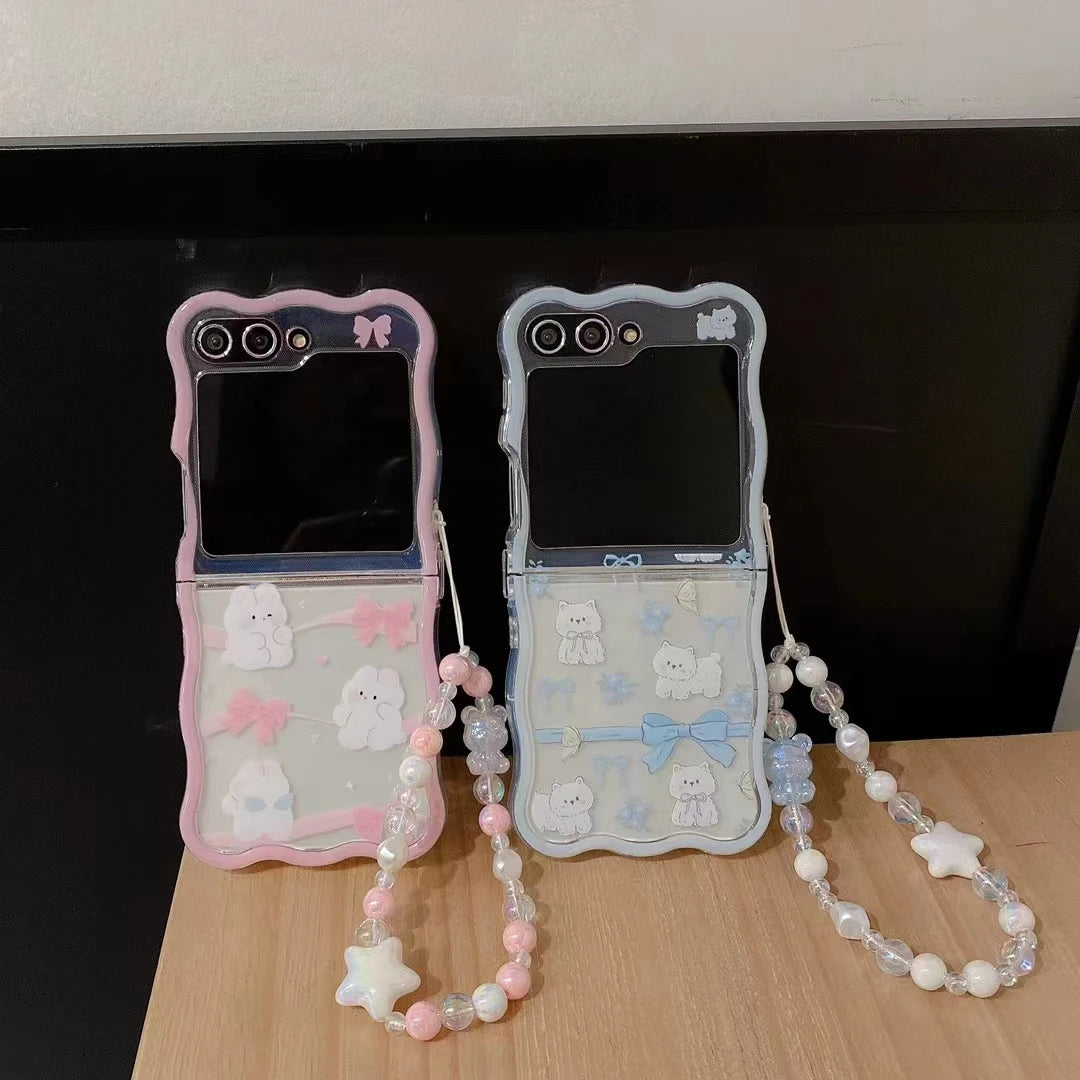 ✨Cute Crystal Cats & Bunnies Stylish Pearl Wrist Strap Case for Samsung Galaxy Z Flip 6/5/4/3 5G