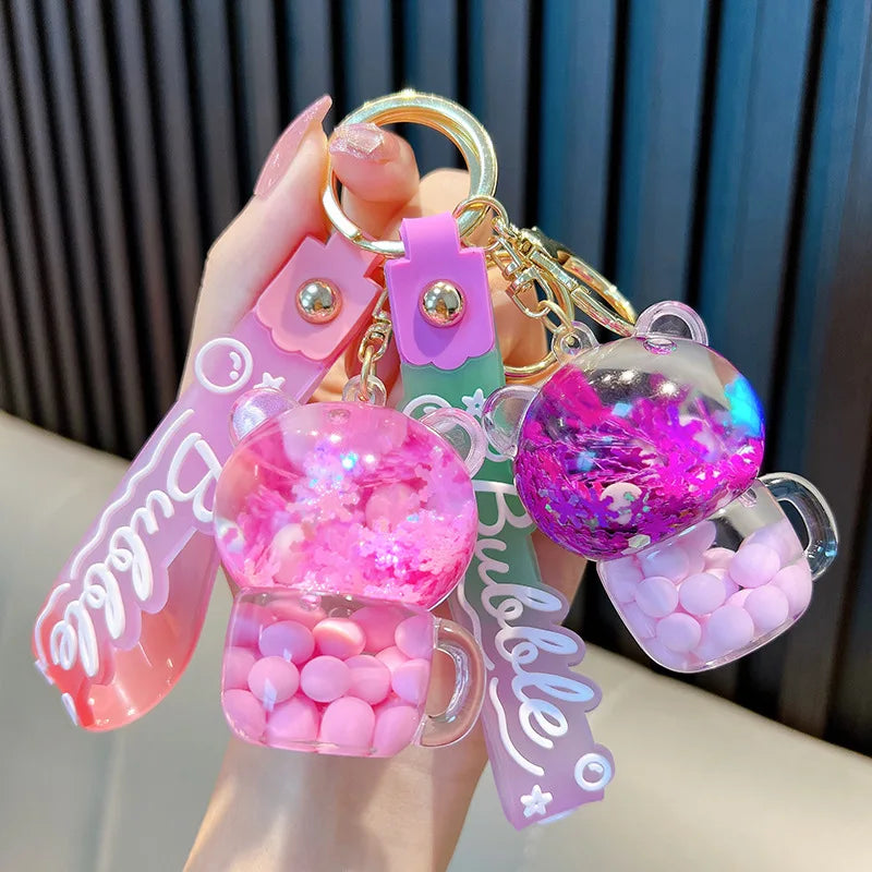 ✨Adorable Kitty Tea Cup Liquid Keychain  Floating Quicksand Joy! Perfect Pendant for Girls & Backpacks! 