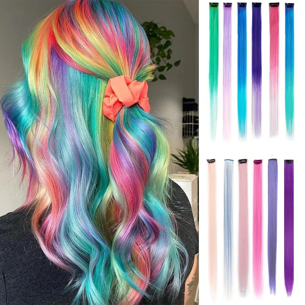 ✨ 6 Colorful Clip-In Hair Strands for Fun Party Looks - 22" Rainbow Dream Extensions!